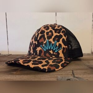 Womens Leopard Print Trucker Hat with Teal Crown Embroidery Western